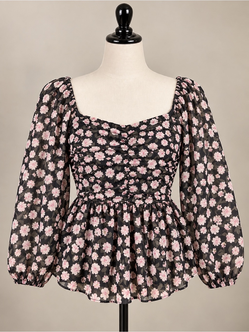 American Eagle Floral Ruched Peplum Blouse Large Black Pink Puff Sleeve